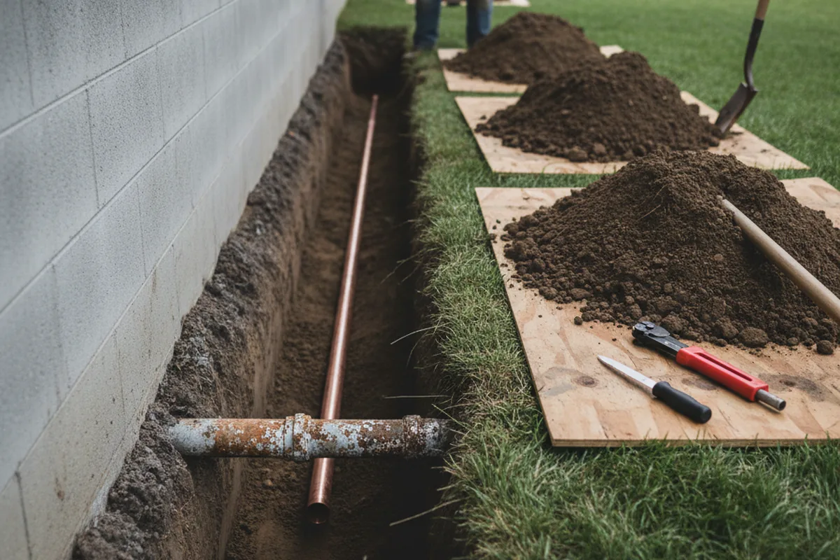 Excavated water line trench during Sewer Line Repair in Newcastle